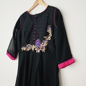 Black Hot Pink Embroidered Anarkali Dress Indian Pakistani Outfit Kameez L Maxi